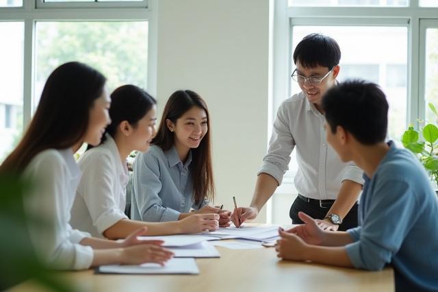Shio Namiのチームメンバーが明るいオフィスで協力し合う様子